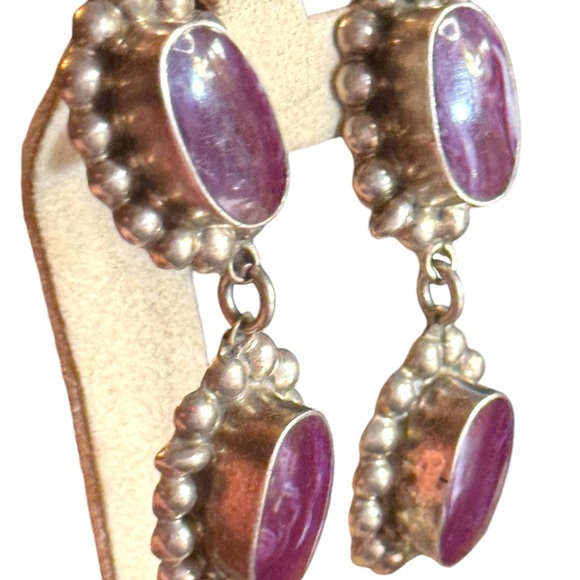 Taxco artisan sterling 925 Elegant Purple Stone Drop CLIP on Earrings - Picture 3 of 7
